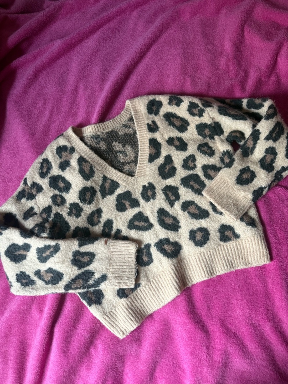 PINK Victoria's Secret Beige and Black Leopard V-Neck Sweater